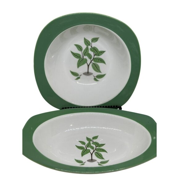 VTG Taylor Smith Taylor Bowl & Plate Set | White Green Rim Tree Design Set 2 - Picture 1 of 8